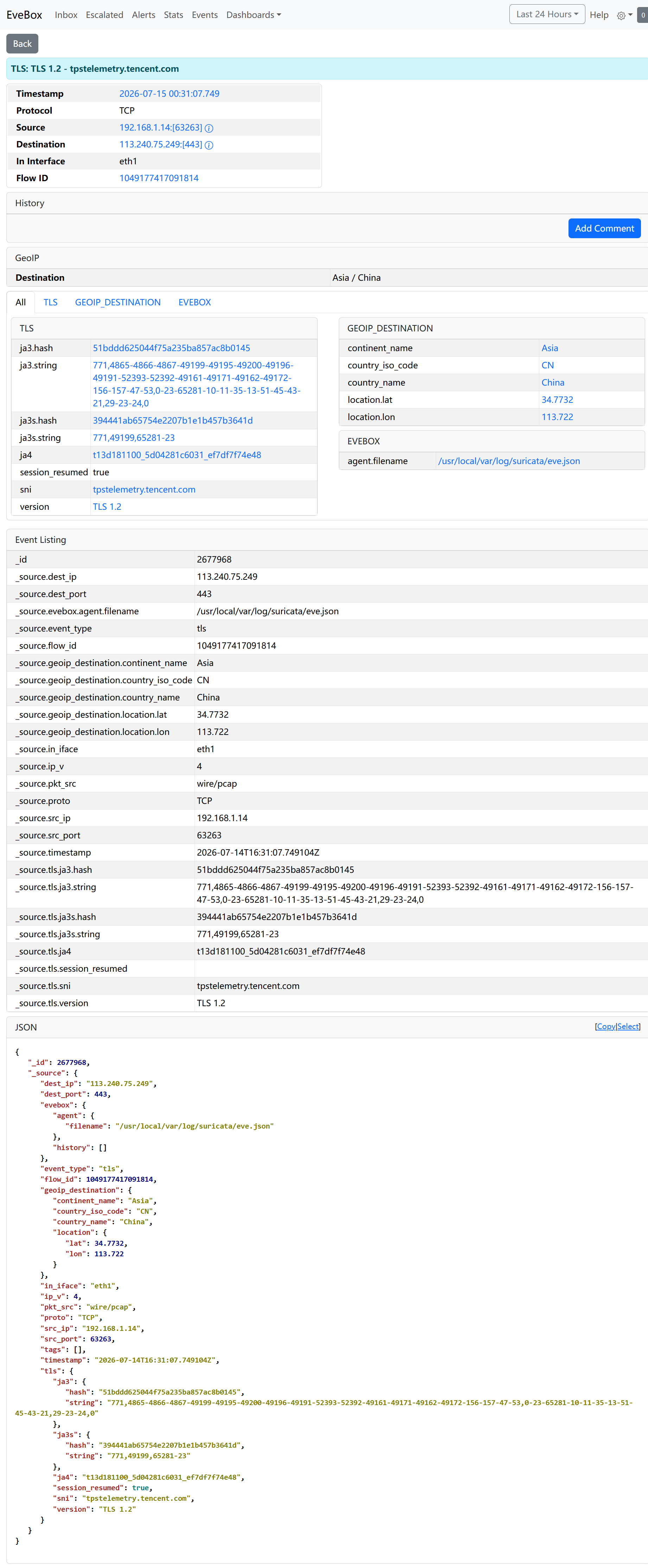 An example TLS event, with different fields identified for various traffic types