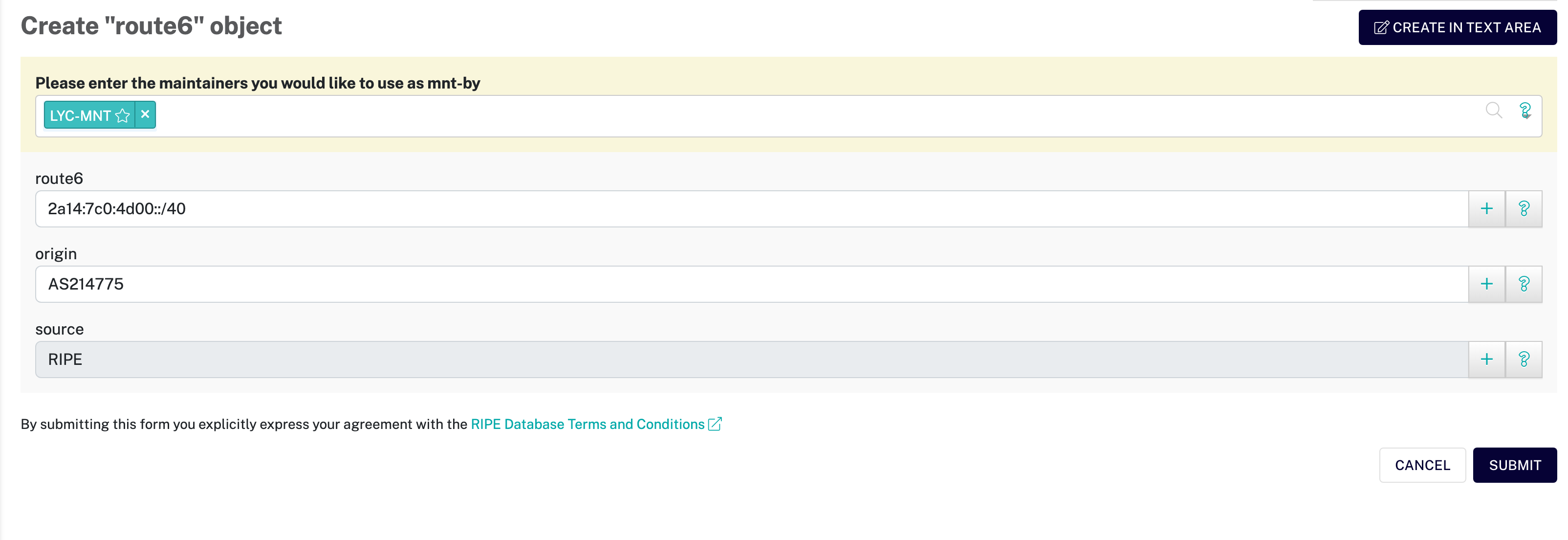 Creating the required route6 object