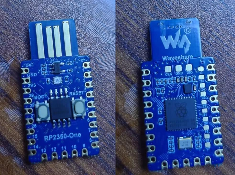 The purchased Waveshare RP2350-One, roughly the size of a small USB drive. The exposed PCB can later be protected with transparent heat-shrink tubing—or maybe plastic wrap?