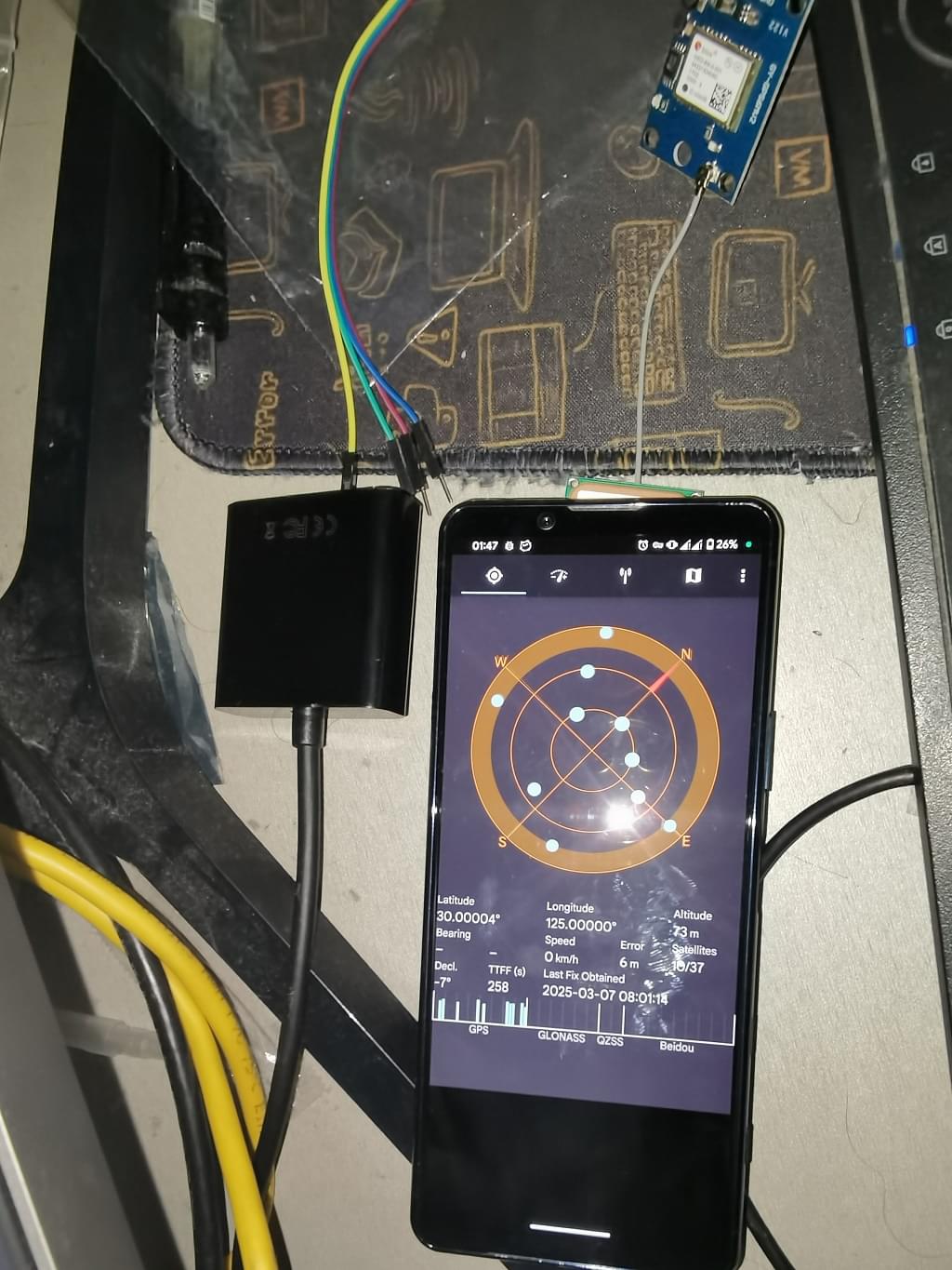 The phone's built-in GPS also picked up the spoofed satellites, showing location at 30.0,125.0 (which, on a map, places it floating over the ocean)