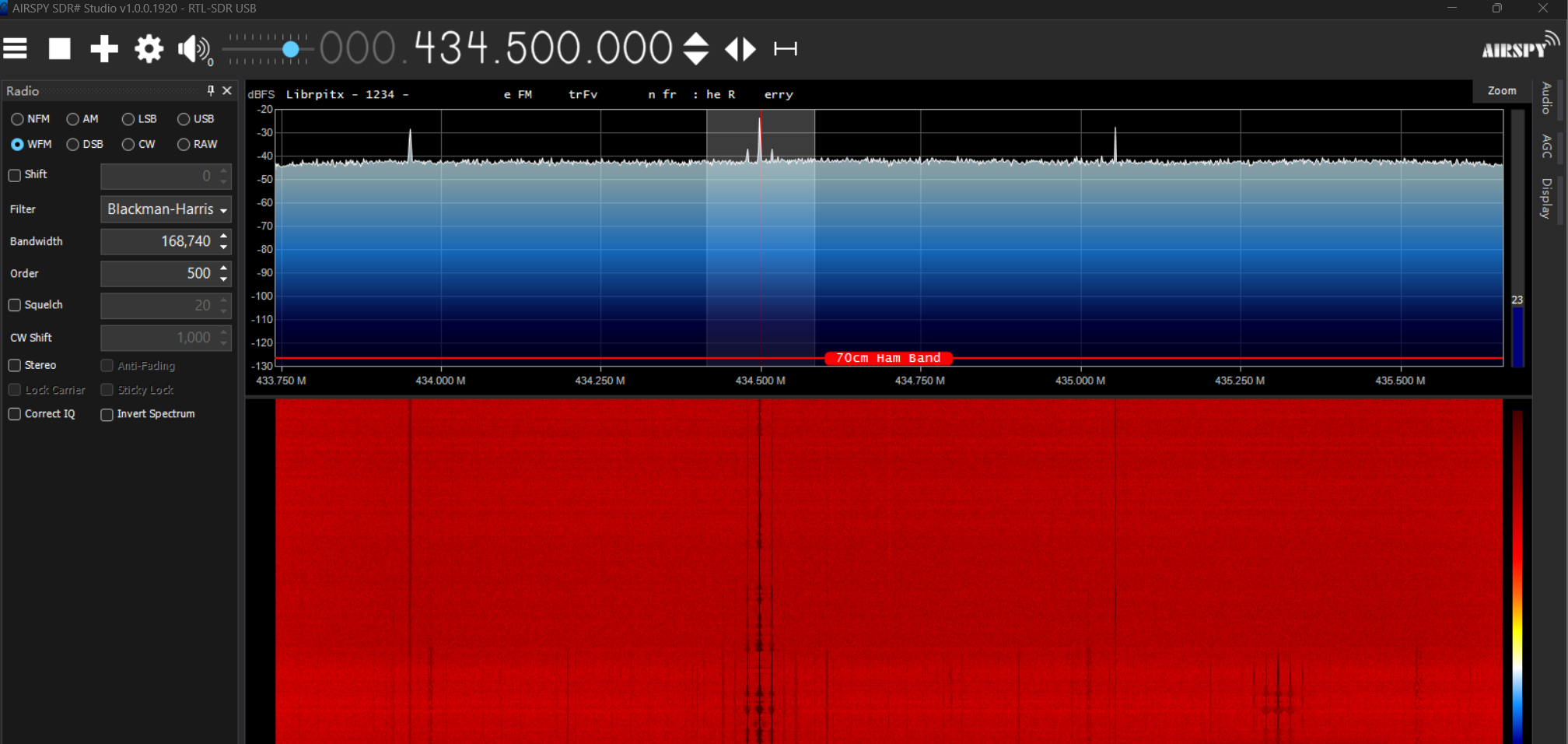 At less than 2 meters away, noise signals are gone — only the target band remains (other peaks are from surrounding devices, not the Pi)