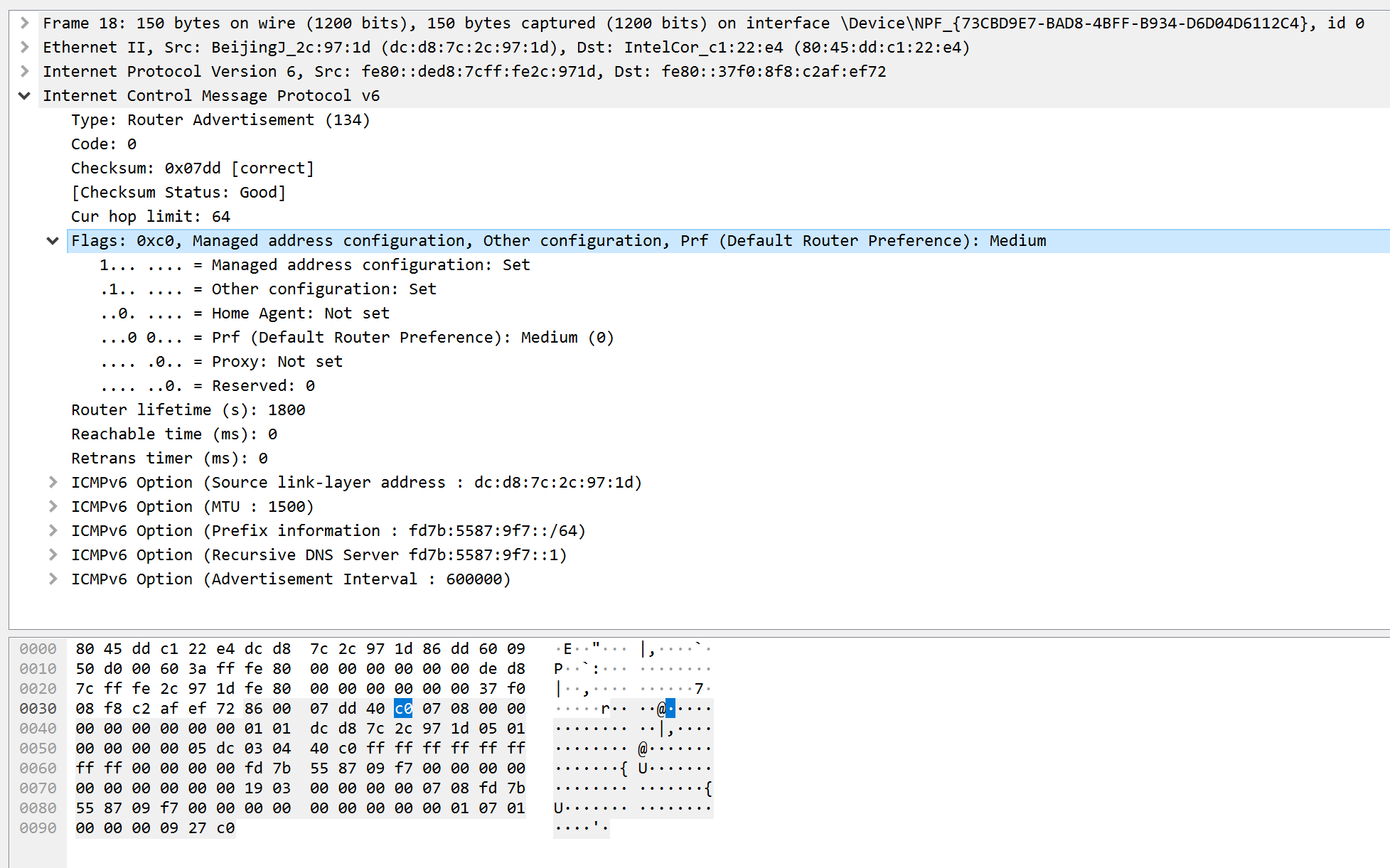 RA packet content with M and O flags at the beginning