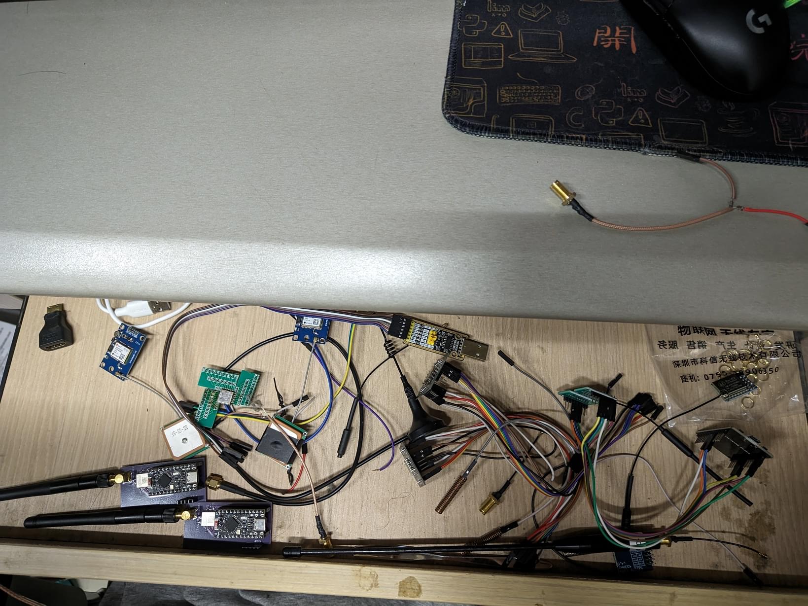 Work-in-progress drawer. Most of the time my desk is way messier, with wires and modules scattered everywhere.