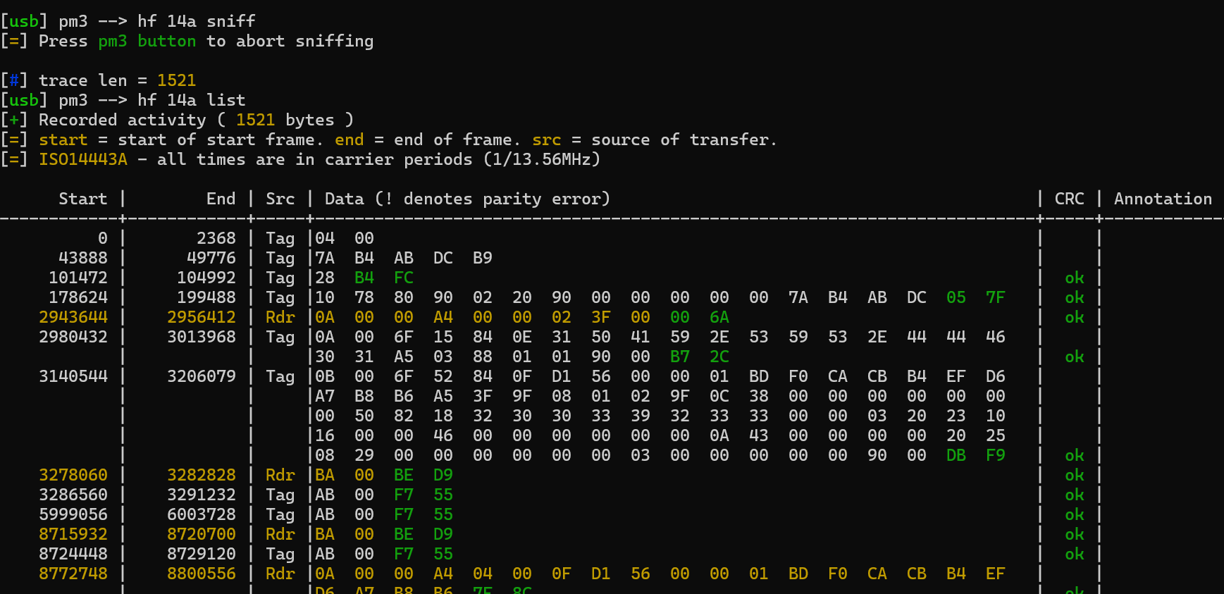 Successfully sniffed communication with valid CRC (occasionally I got CRC errors or missing data — just retry a few times)