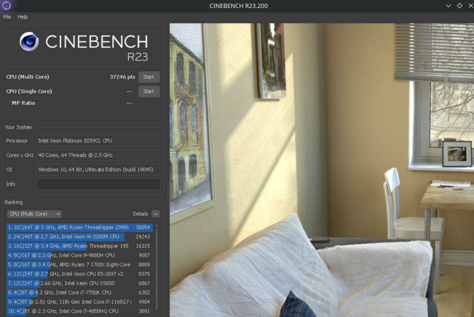 Linux 下跑 Cinebench R23, 由于 Wine 问题只识别了 64 Threads, 跑分 37246
